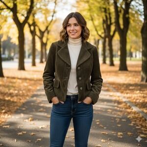 ELEVENSES Anthropologie‎ Y2K Green Corduroy Button Up Jacket Line Size 2